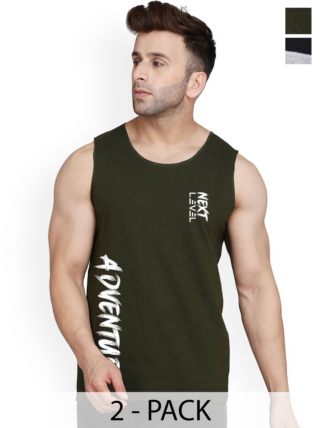 

SLOWLORIS Men Pack Of 2 Printed Cotton Gym Innerwear Vests, Black
