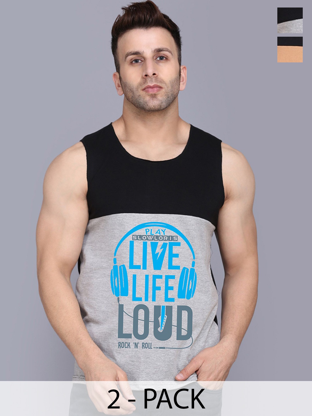 

SLOWLORIS Pack Of 2 Men Printed Cotton Gym Innerwear Vests, Black