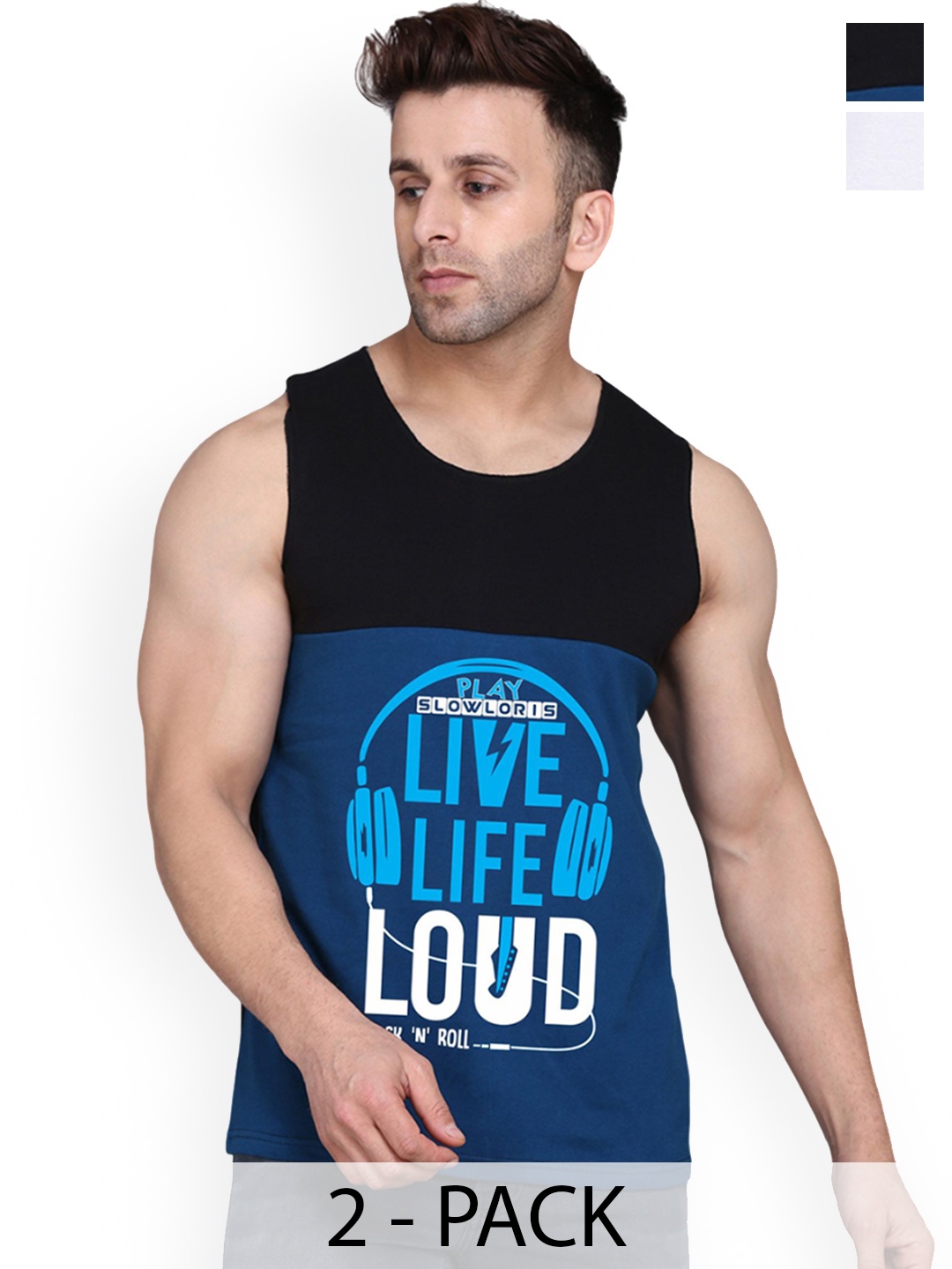 

SLOWLORIS Pack Of 2 Printed Gym Innerwear Vests, Black