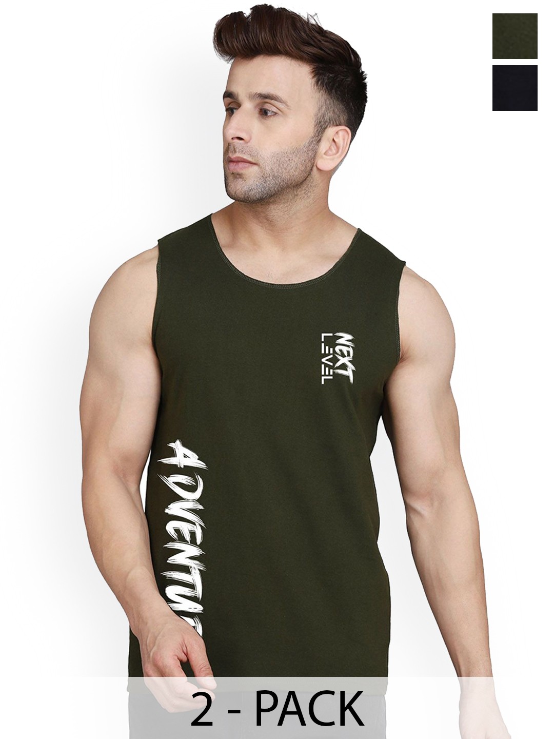 

SLOWLORIS Pack Of 2 Printed Gym Innerwear Vests, Black