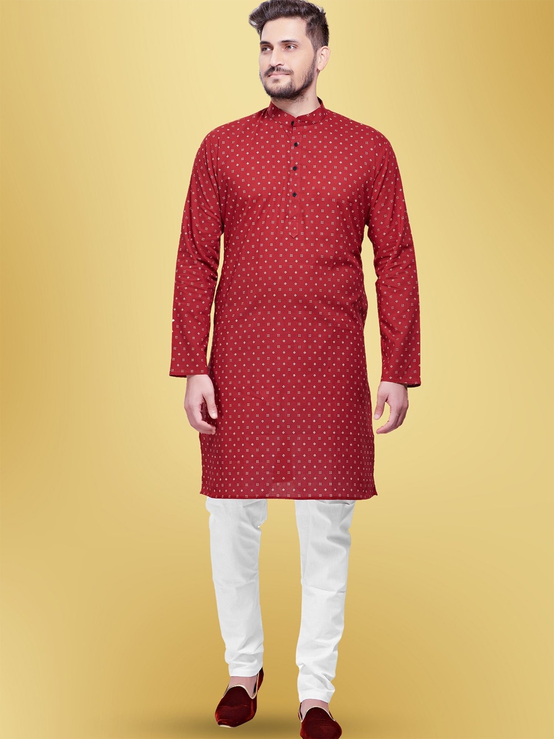 

SHIWAM ETHNIX Geometric Printed Mandarin Collar Regular Kurta with Pyjamas, Red