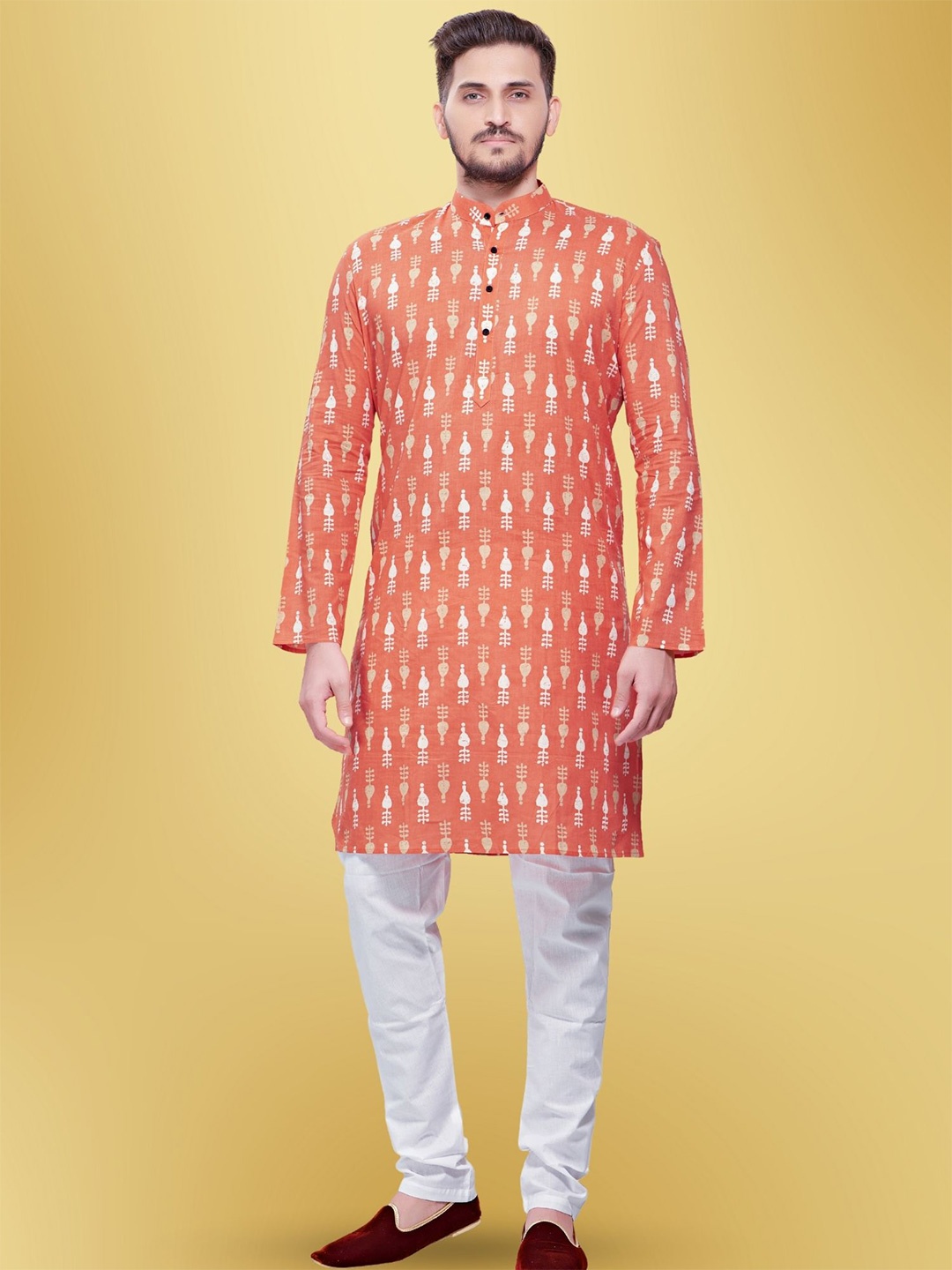 

SHIWAM ETHNIX Geometric Printed Mandarin Collar Regular Kurta with Pyjamas, Peach