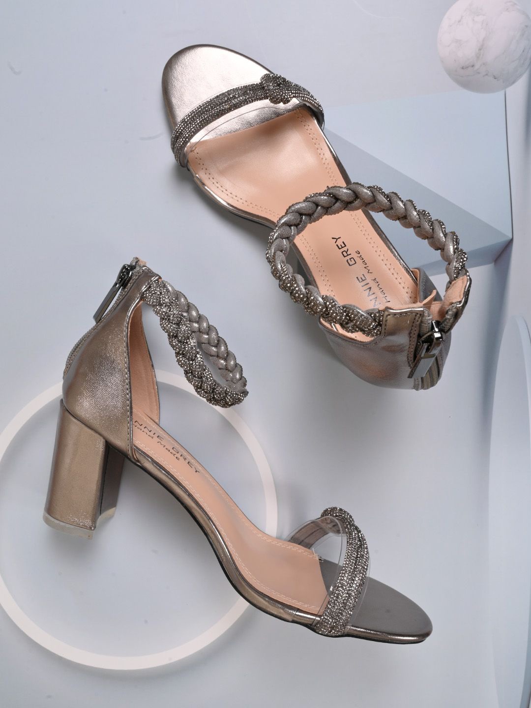 

Ronnie Grey Embellished PU Party Block Heels Sandals