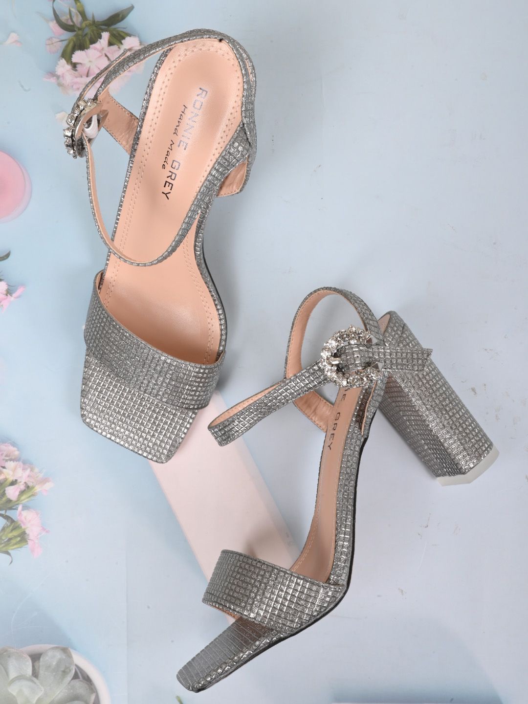 

Ronnie Grey Embellished Block Sandals, Silver