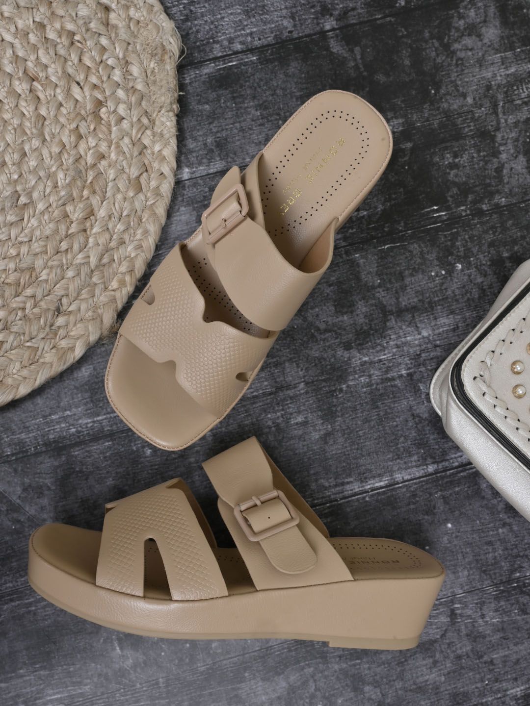 

Ronnie Grey Textured PU Comfort Sandals with Buckles, Beige