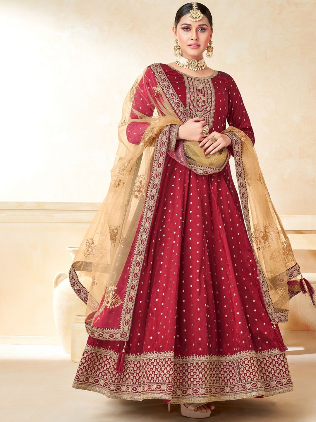 

KALINI Floral Embroidered Semi-Stitched Dress Material, Maroon