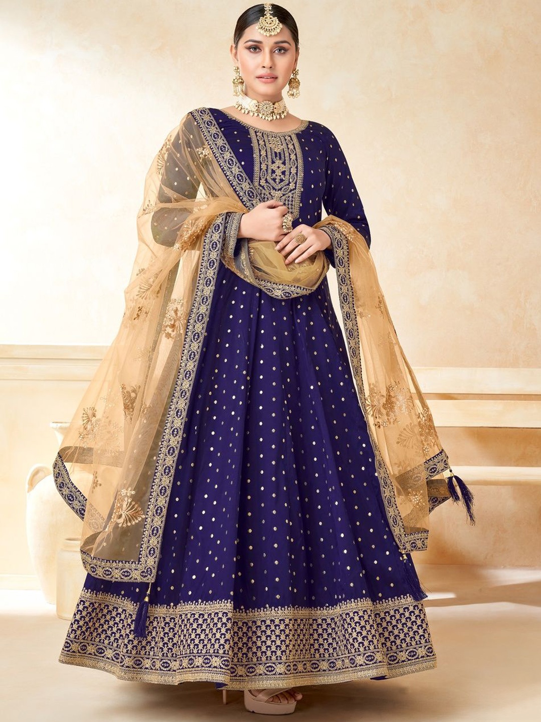 

KALINI Floral Embroidered Semi-Stitched Dress Material, Blue