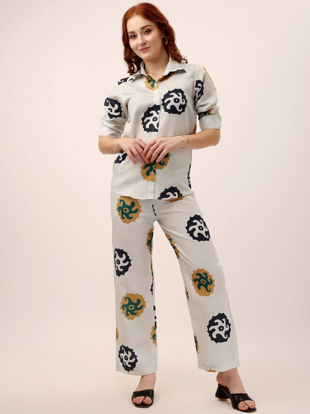 

shriez Printed Shirt Collar Shirt With Trousers, White
