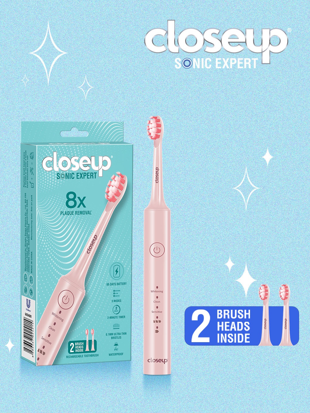 

Closeup Sonic Expert 8x Plaque Removal Electric Toothbrush & 2 Replaceable Heads - Pink