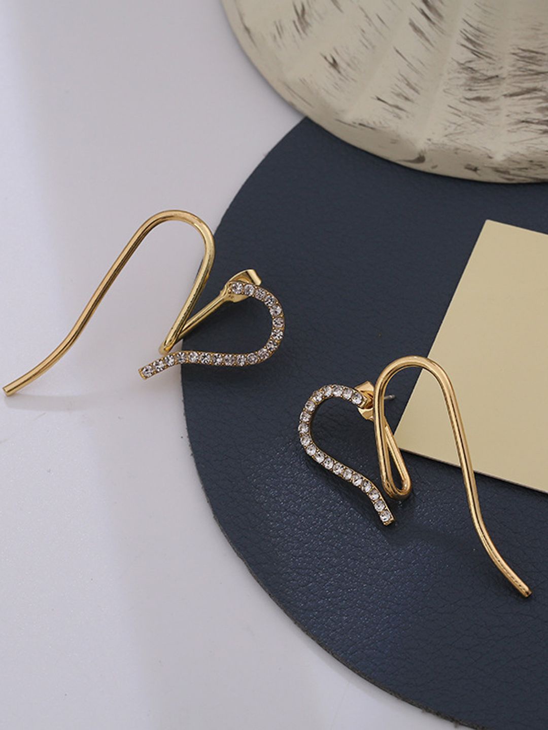 

KRENOZ Gold-Plated Rhinestone Studded Heart Shaped Front Back Style Drop Earrings