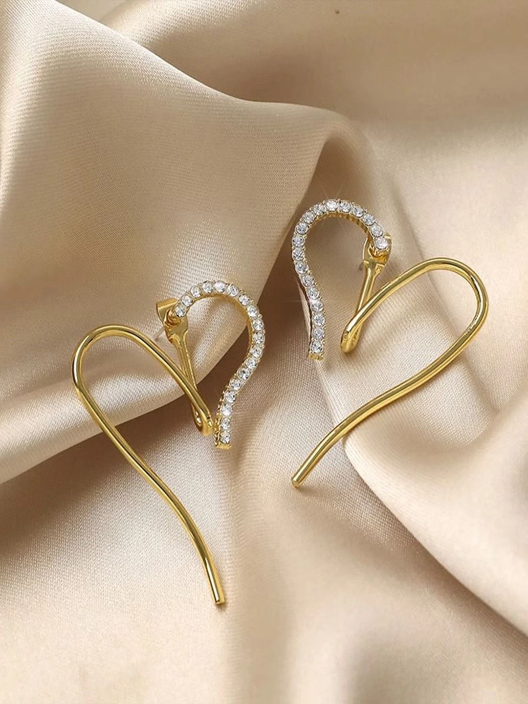 

KRENOZ Gold-Plated Rhinestone Studded Heart Shaped Front Back Style Drop Earrings