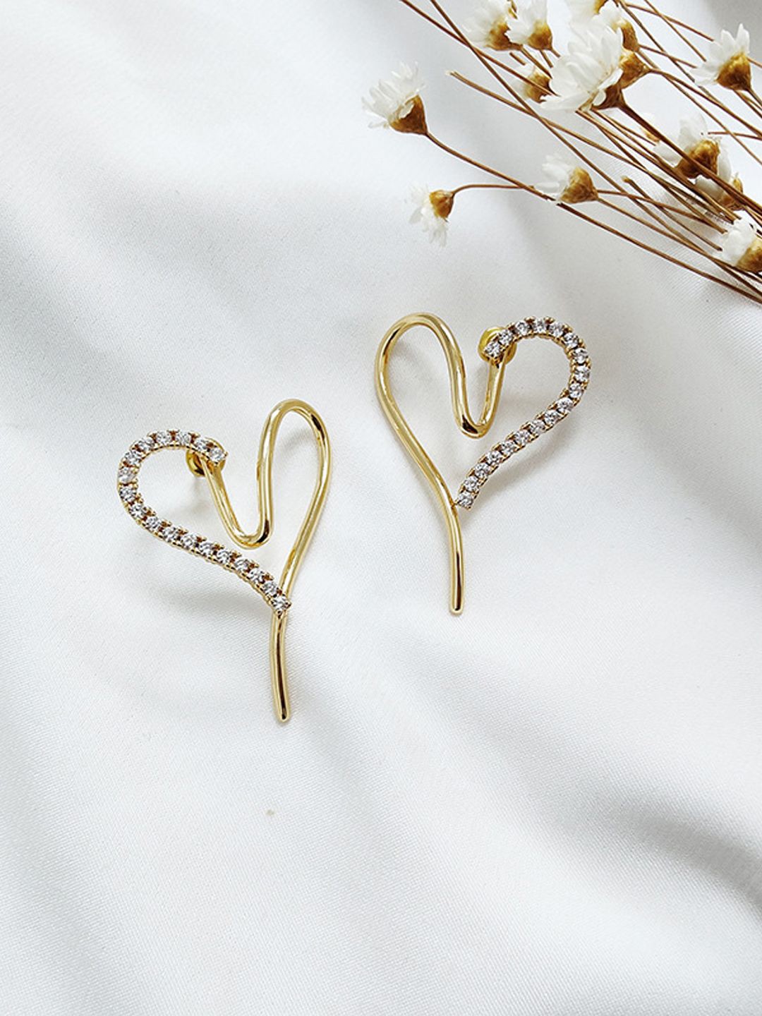 

KRENOZ Gold-Plated Rhinestone Studded Heart Shaped Front Back Style Drop Earrings