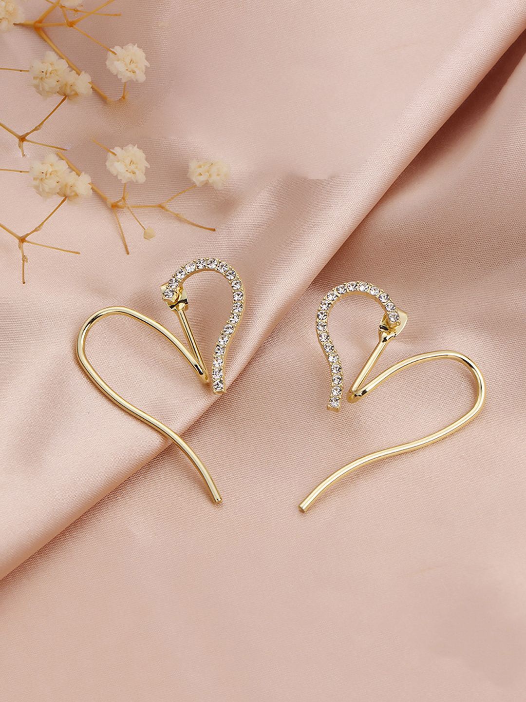 

KRENOZ Gold-Plated Rhinestone Studded Heart Shaped Front Back Style Drop Earrings