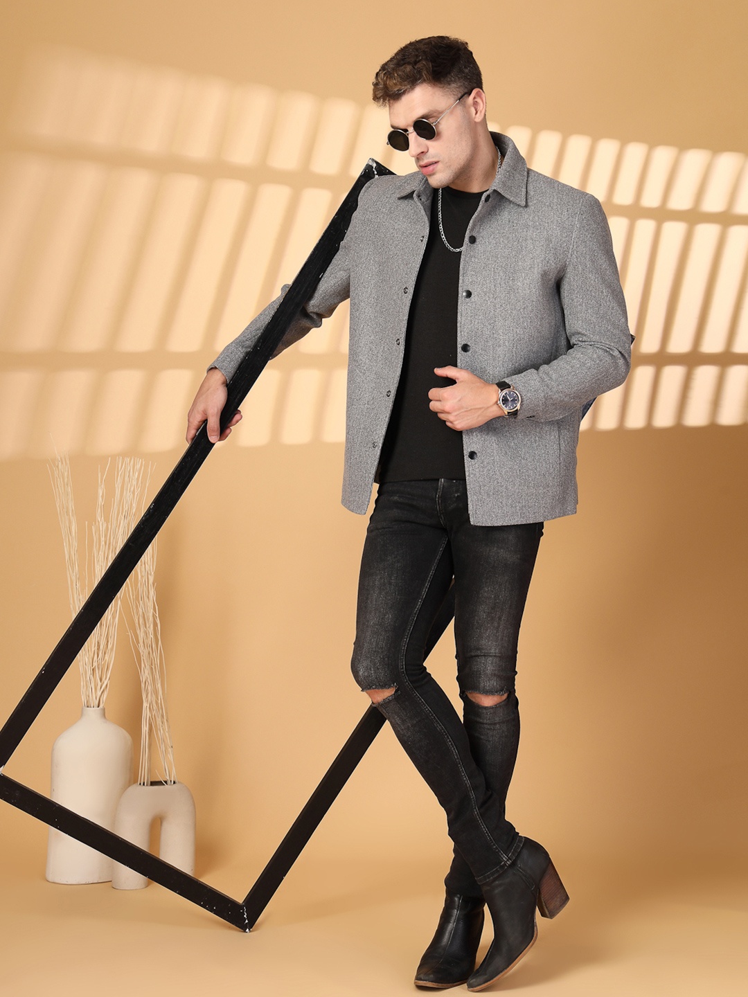 

CHKOKKO Solid Single-Breasted Overcoat, Grey