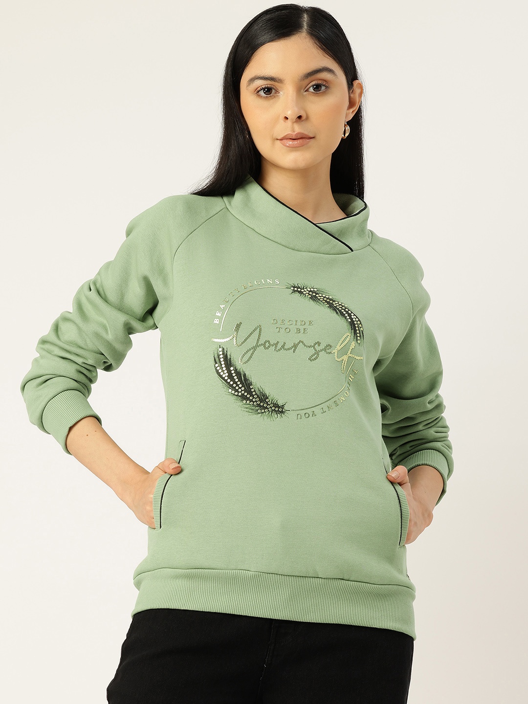 

Monte Carlo Sequined Stand Collar Printed Sweatshirt, Green