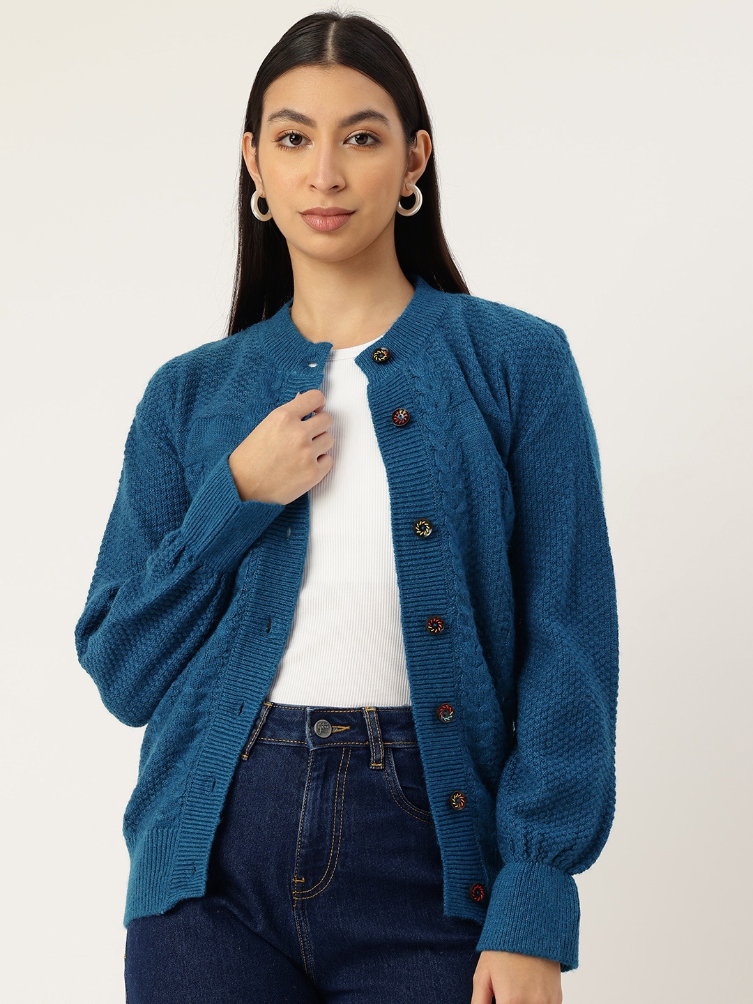 

Monte Carlo Women Cable Knit Woollen Cardigan, Teal