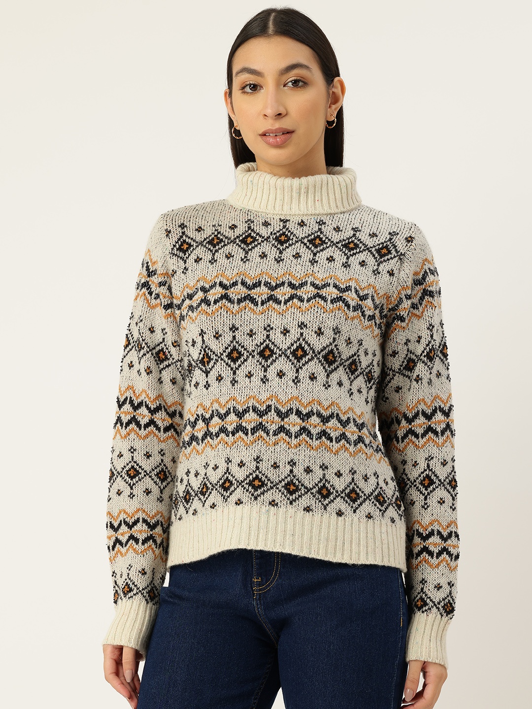 

Monte Carlo Women Argyle Woollen Pullover with Embellished Detail, Off white