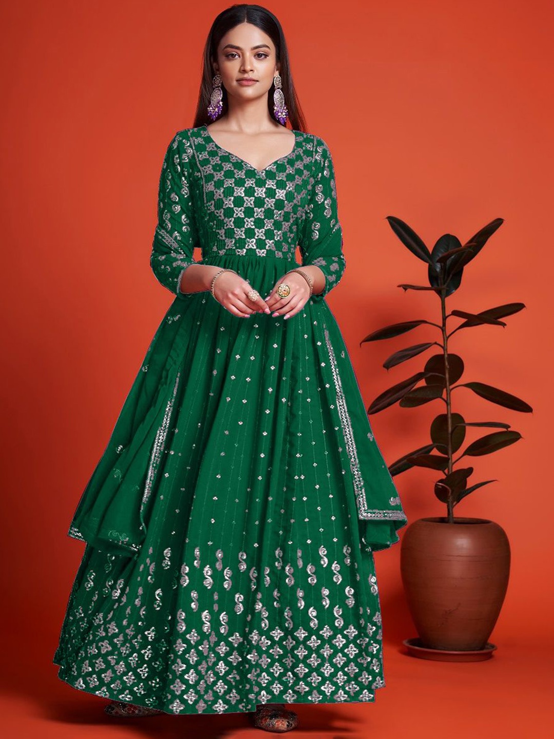 

KALINI Floral Embroidered Sequinned Semi-Stitched Dress Material, Green