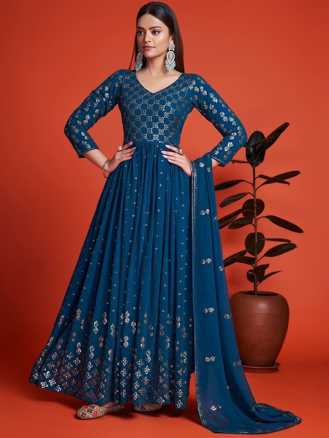 

KALINI Floral Embroidered Sequinned Semi-Stitched Dress Material, Navy blue