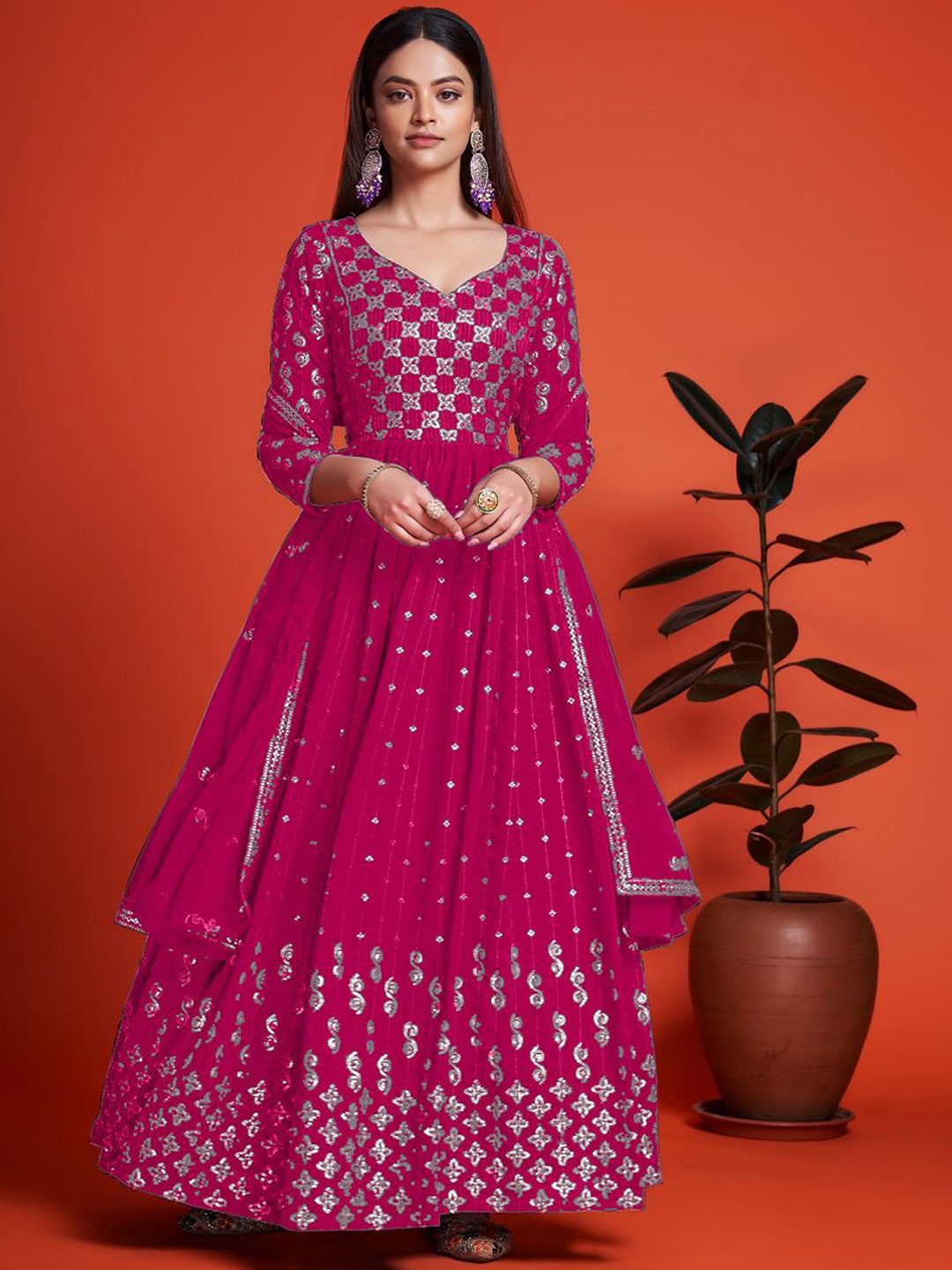 

KALINI Floral Embroidered Sequinned Semi-Stitched Dress Material, Pink