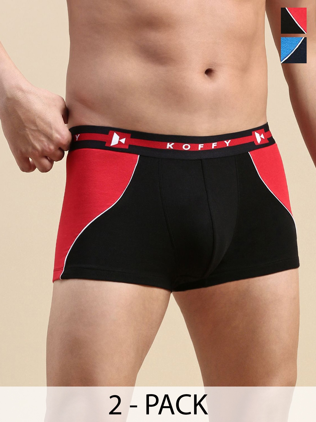 

KOFFY Men Pack Of 2 Pcs Cotton Outer Elastic Trunk KOFFY_KI30_RD_RBLU_2PC, Red