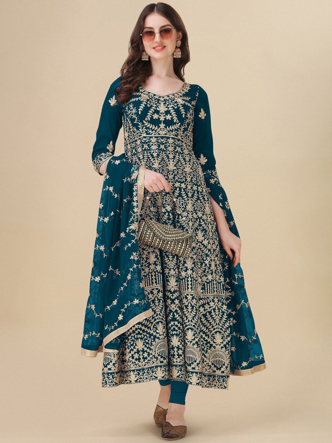 

KALINI Floral Embroidered Silk Georgette Semi-Stitched Dress Material, Navy blue
