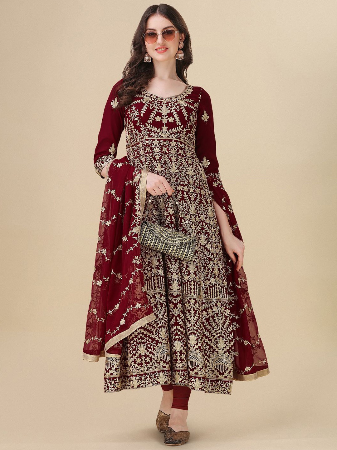 

KALINI Floral Embroidered Silk Georgette Semi-Stitched Dress Material, Maroon