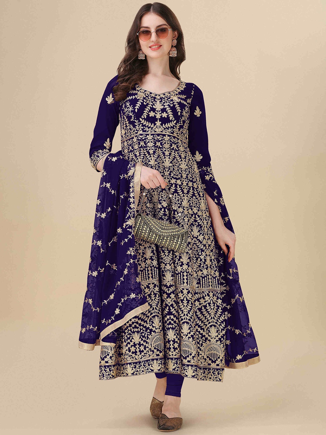 

KALINI Floral Embroidered Silk Georgette Semi-Stitched Dress Material, Blue