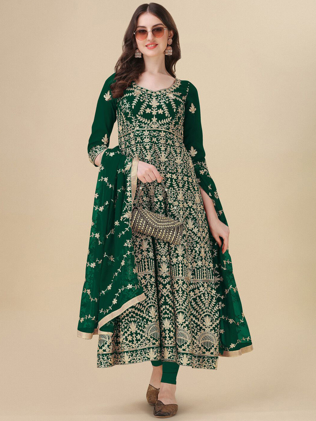 

KALINI Floral Embroidered Silk Georgette Semi-Stitched Dress Material, Green