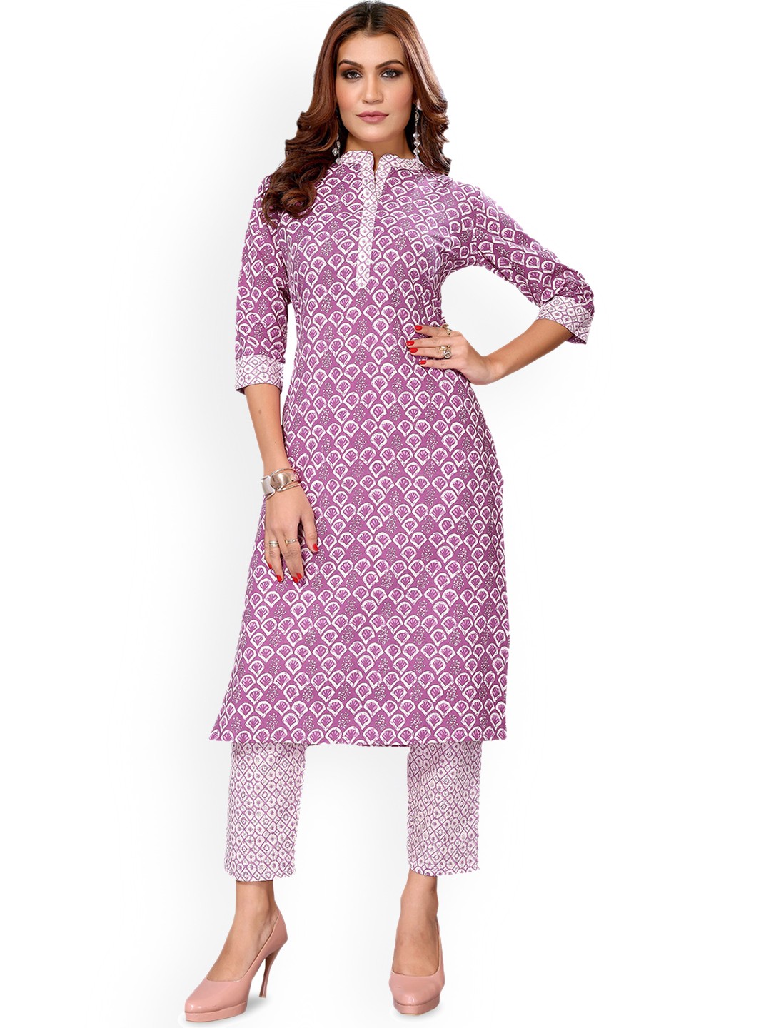 

VIRICA Ethnic Motifs Printed Mandarin Collar Straight Kurta with Trousers, Purple