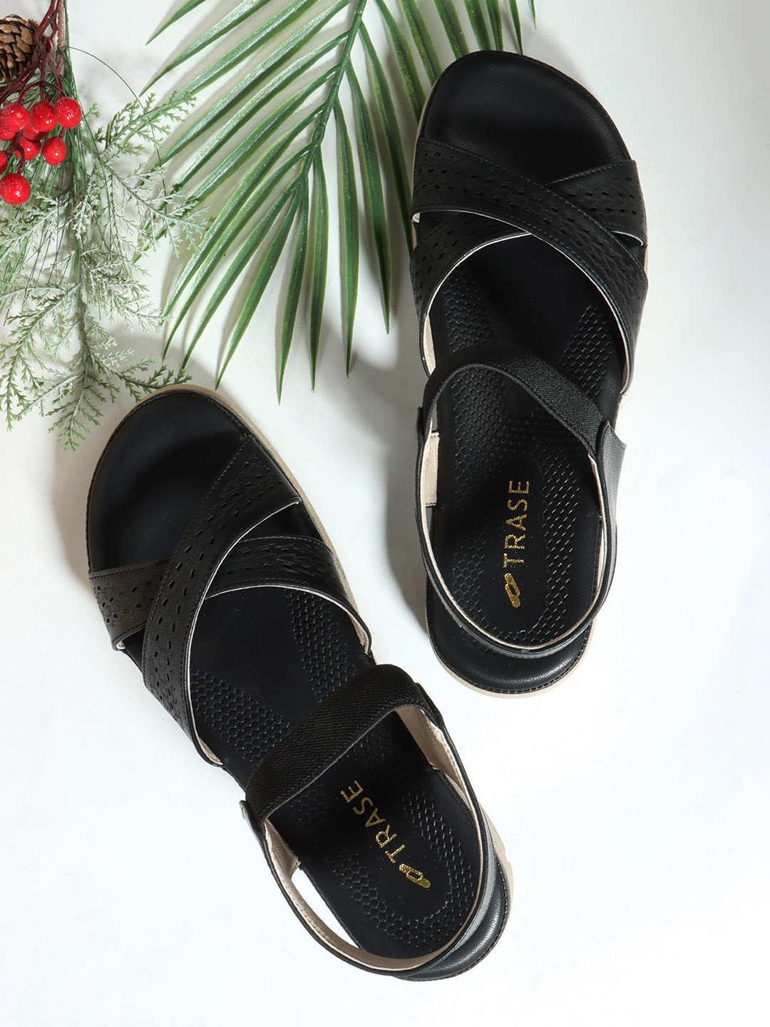 

TRASE Women Striped Open Toe Flats with Bows, Black
