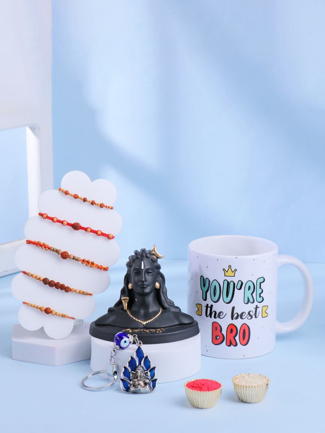 

Floweraura Set of 8 Beaded Rakhis with Mugs & Keychain with Idol & Roli Chawal, Red