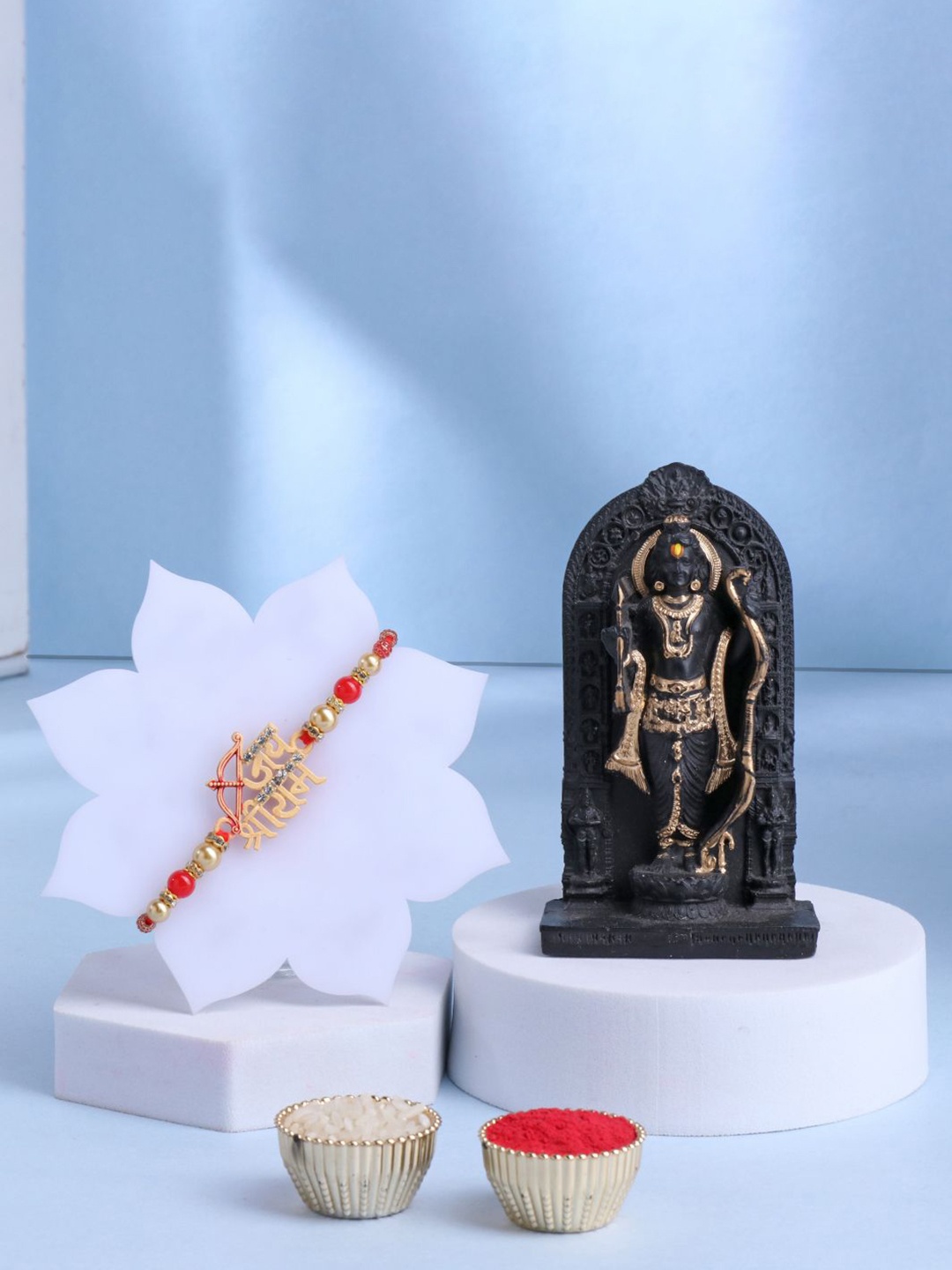 

Floweraura Set Of 2 Beaded Rakhi With Lord Shri Ram Lala Ji Idol & Roli Chawal, Red