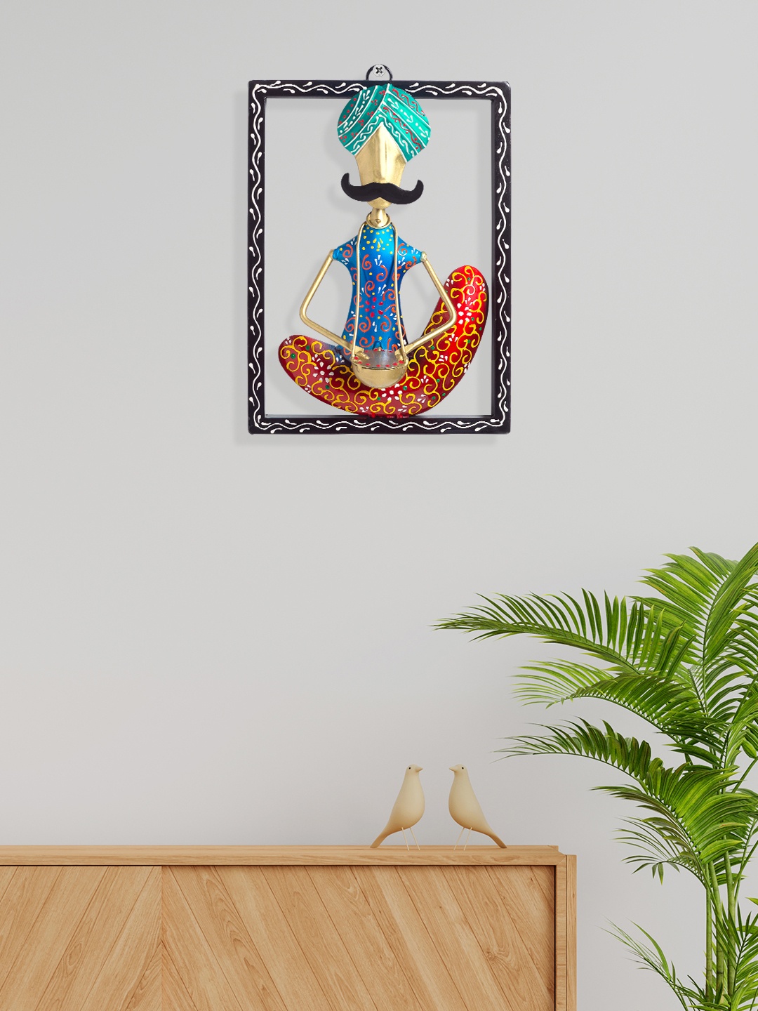 

Golden Peacock Red & Blue Tribal Metal Musician Wall Decor