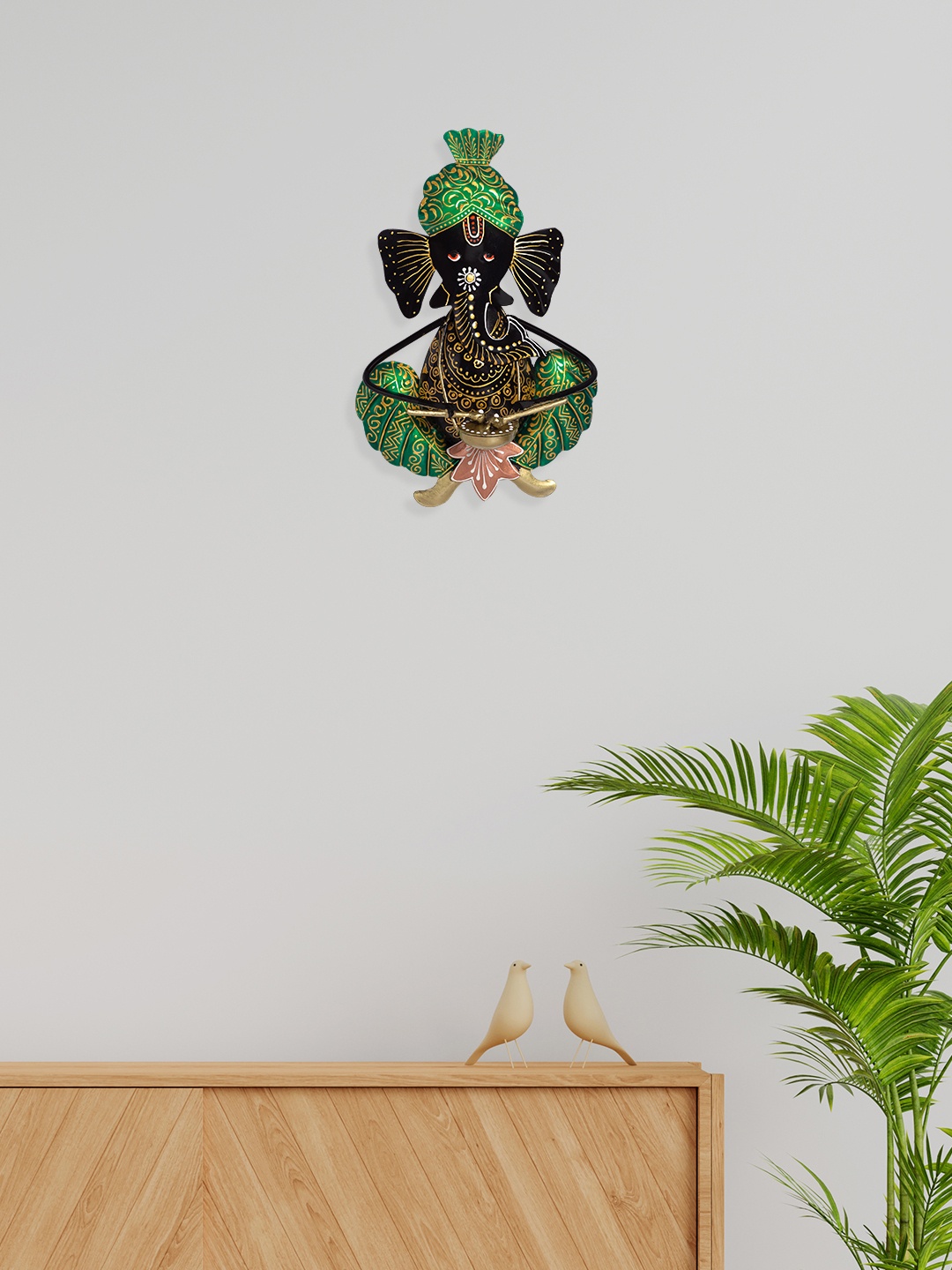 

Golden Peacock Green & Black Lord Ganesh Playing Musical Instrument Wall Hanging