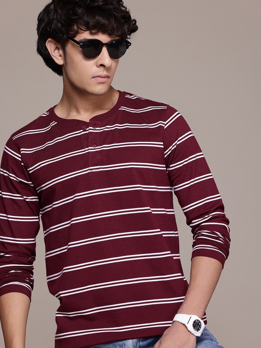 

The Roadster Life Co. Striped Henley Neck T-shirt, Maroon