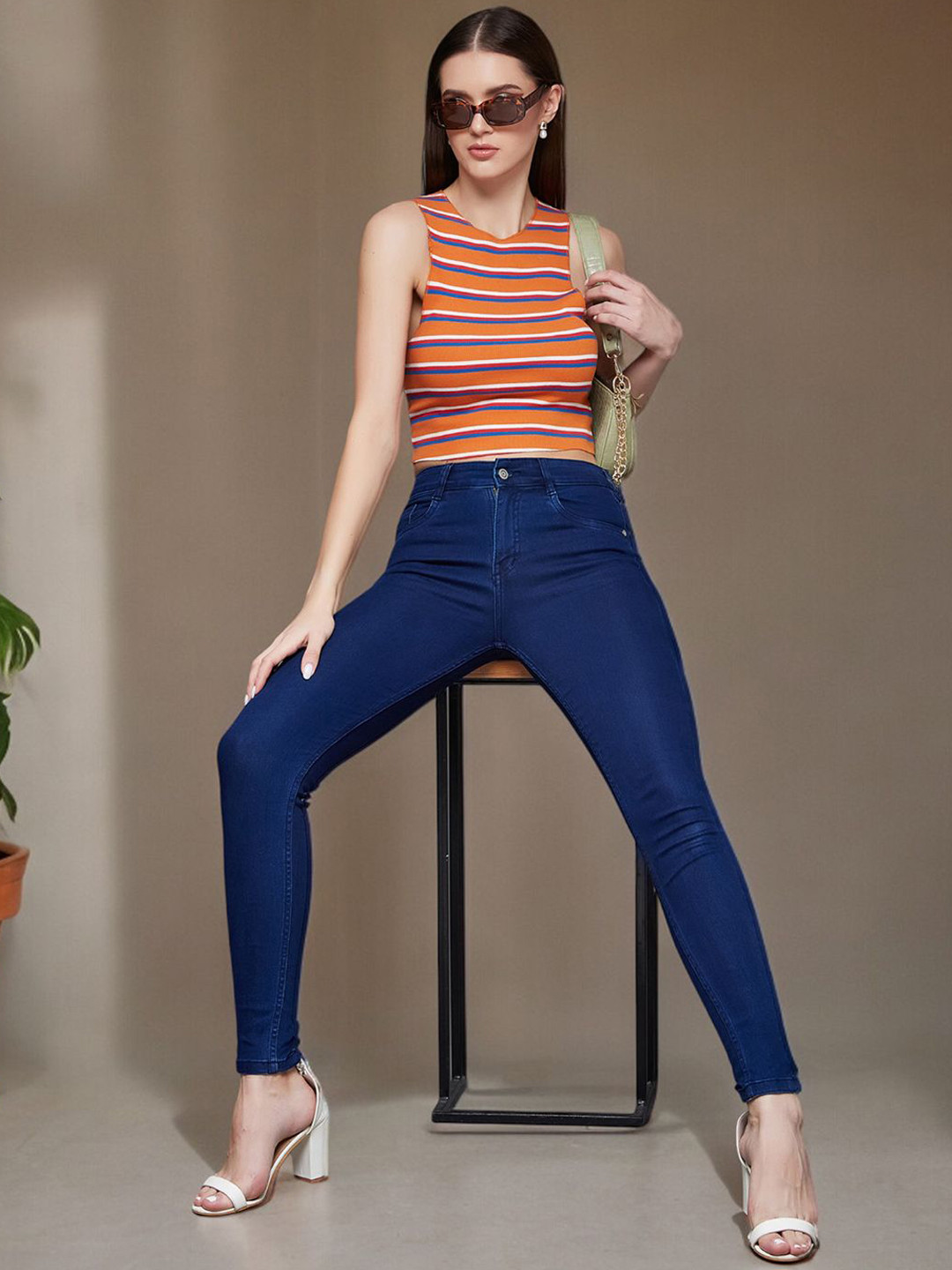 

Miss Chase Women Skinny Fit Mid Rise Regular Length Denim Stretchable Jeans, Navy blue