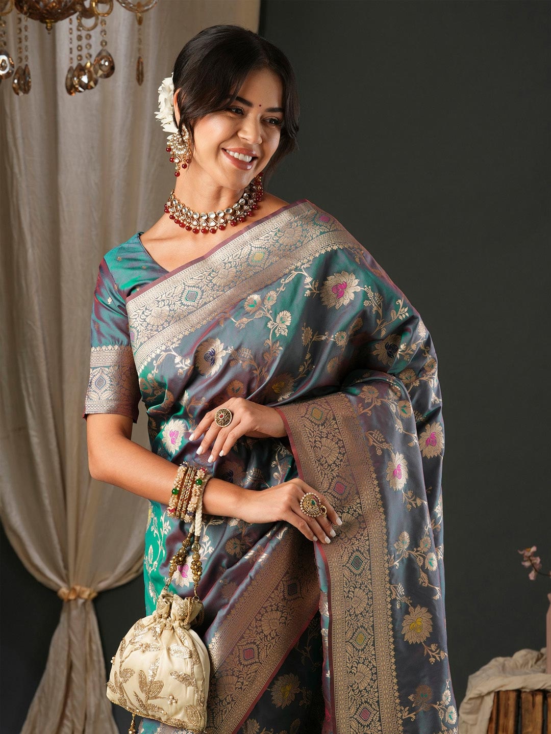 

Anouk Ethnic Motifs Zari Banarasi Saree, Teal