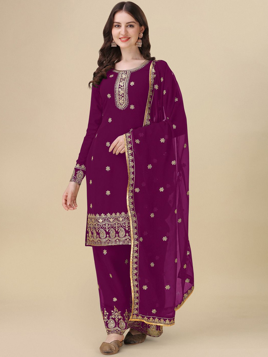 

KALINI Floral Embroidered Silk Georgette Semi-Stitched Dress Material, Purple