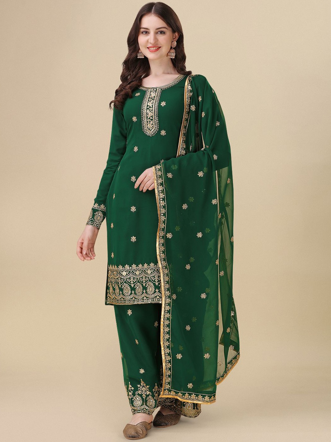 

KALINI Floral Embroidered Silk Georgette Semi-Stitched Dress Material, Green
