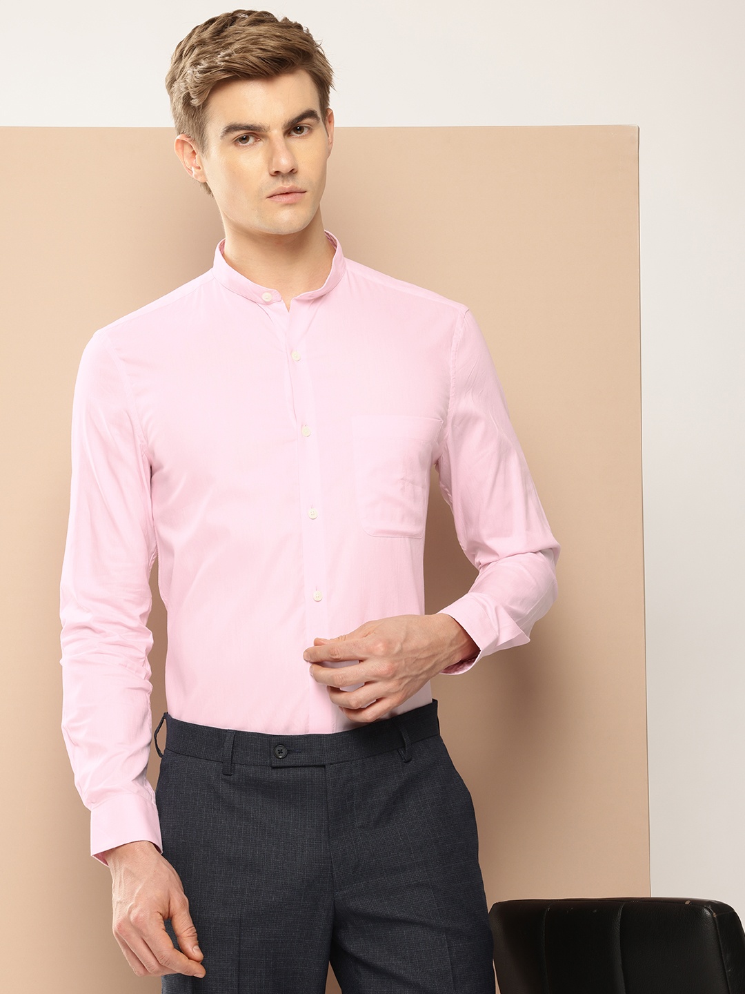 

INVICTUS Men Original Slim Fit Mandarin Collar Pure Cotton Formal Shirt, Pink