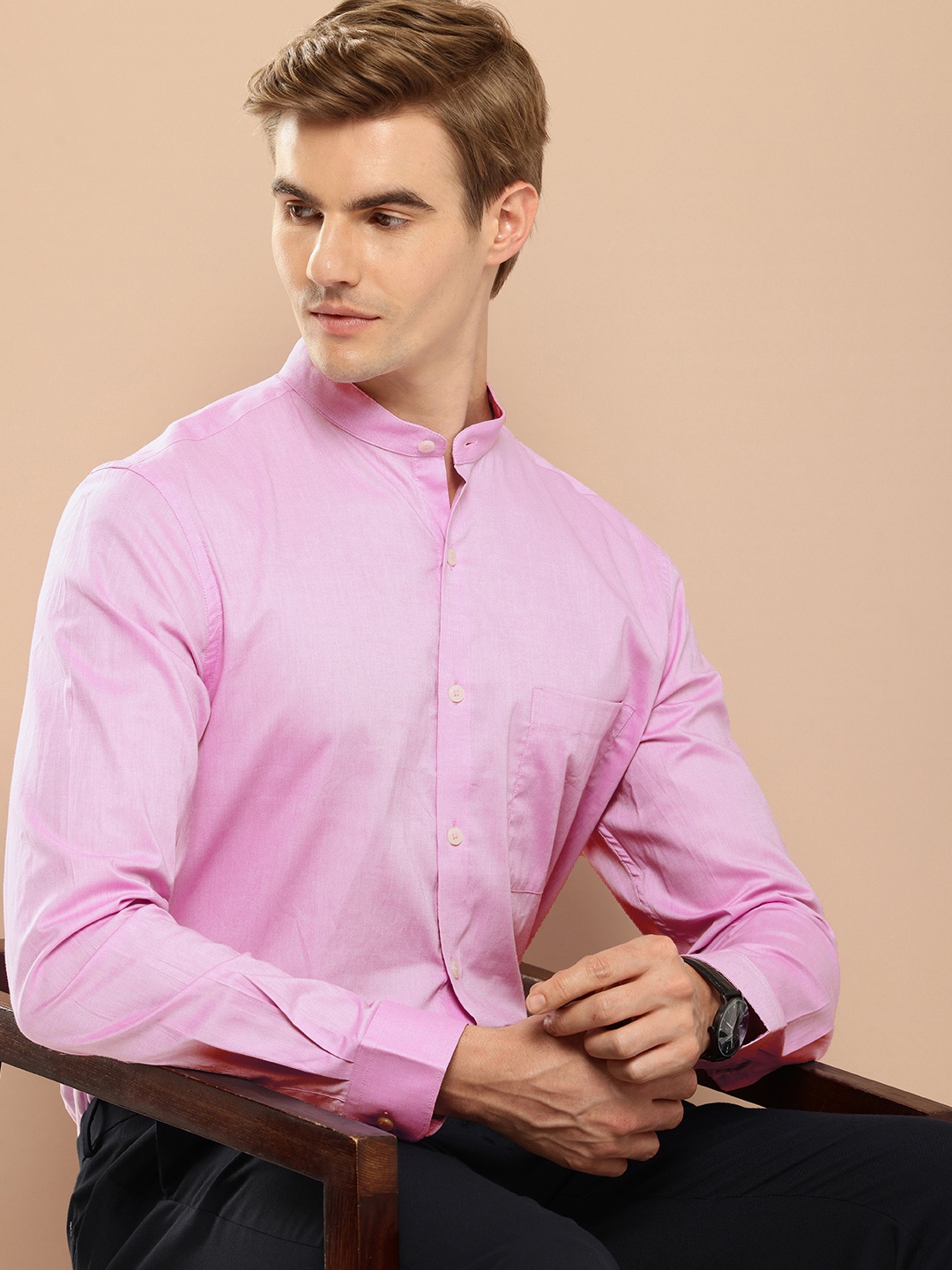 

INVICTUS Men Original Mandarin Collar Slim Fit Pure Cotton Formal Shirt, Pink
