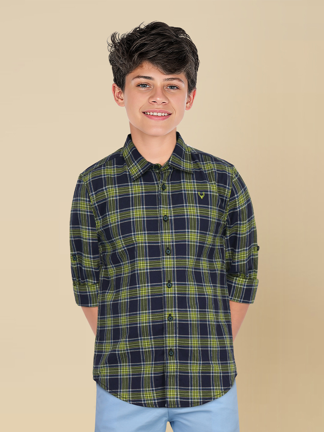 

Allen Solly Junior Boys Spread Collar Checked Cotton Slim Fit Casual Shirt, Navy blue