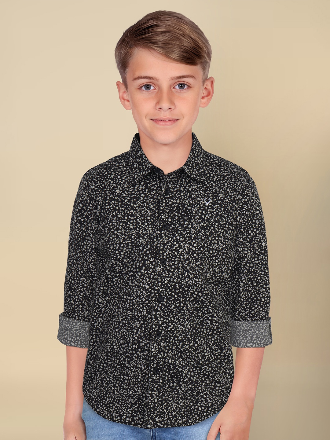 

Allen Solly Junior Boys Spread Collar Abstract Printed Cotton Slim Fit Casual Shirt, Black