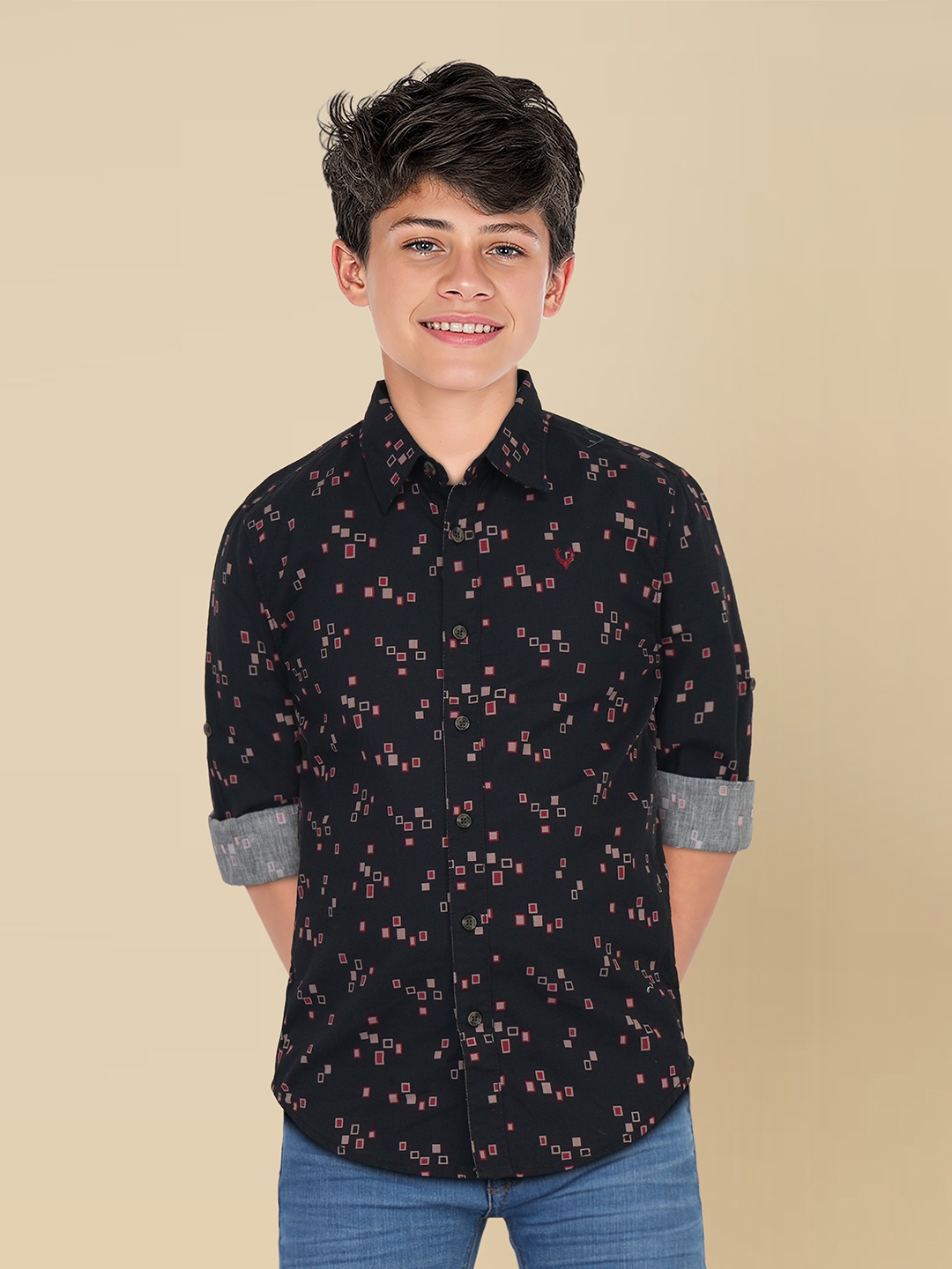 

Allen Solly Junior Boys Spread Collar Geometric Printed Cotton Slim Fit Casual Shirt, Black