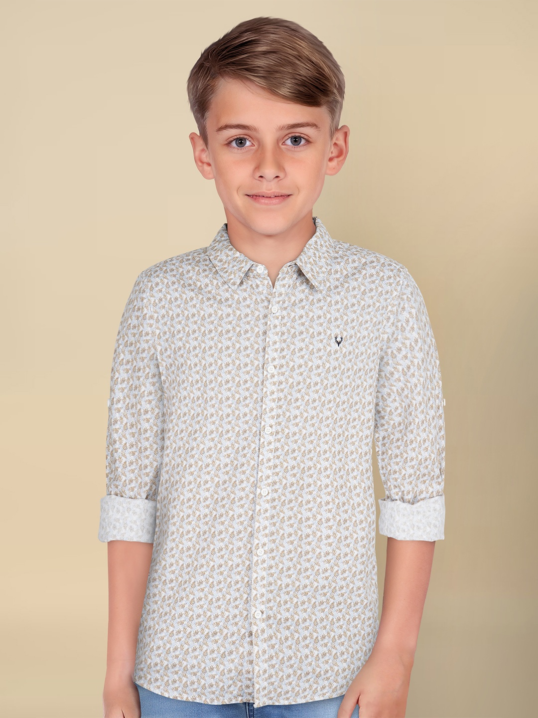 

Allen Solly Junior Boys Spread Collar Micro Ditsy Printed Cotton Slim Fit Casual Shirt, White