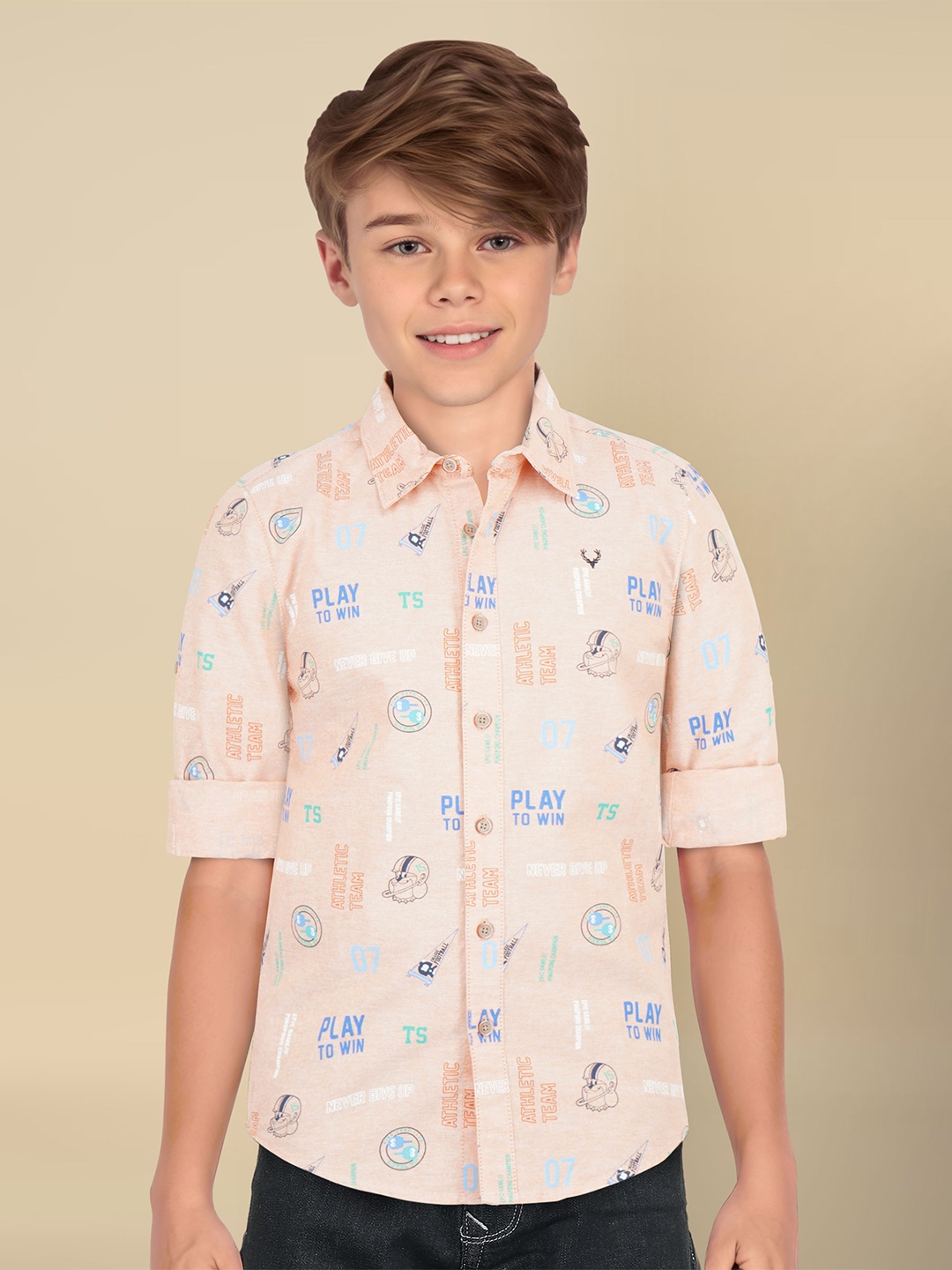 

Allen Solly Junior Boys Spread Collar Conversational Printed Cotton Slim Fit Casual Shirt, Peach