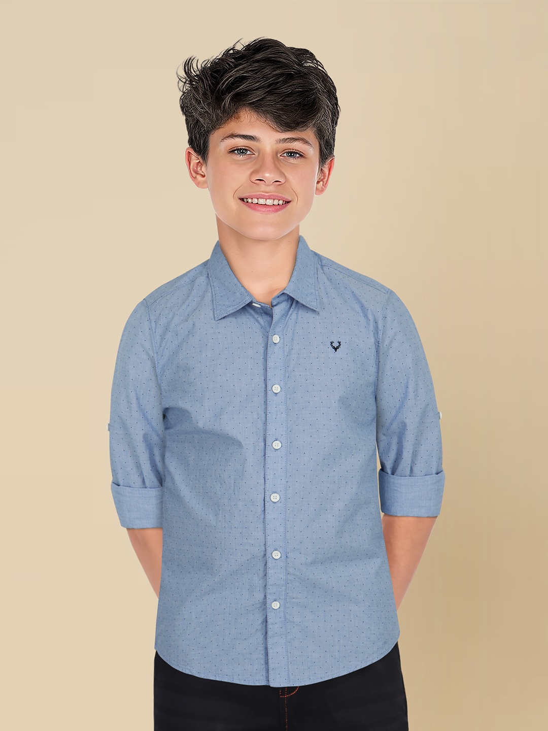 

Allen Solly Junior Boys Spread Collar Micro Ditsy Printed Cotton Slim Fit Casual Shirt, Blue