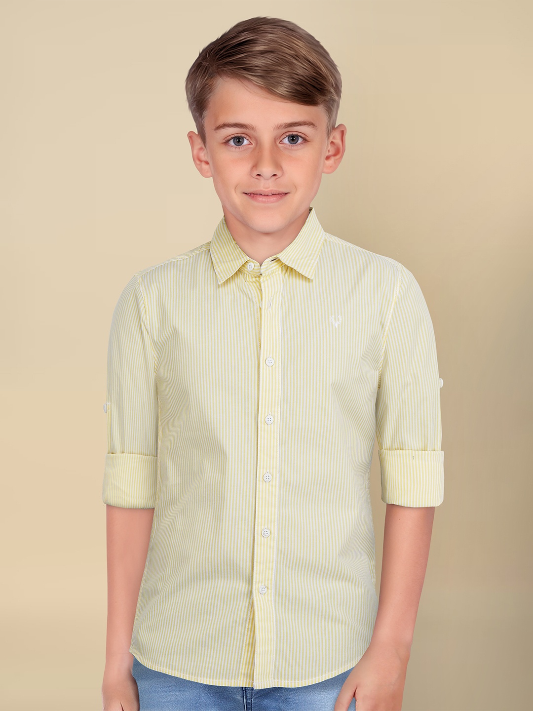 

Allen Solly Junior Boys Spread Collar Striped Cotton Slim Fit Casual Shirt, Yellow