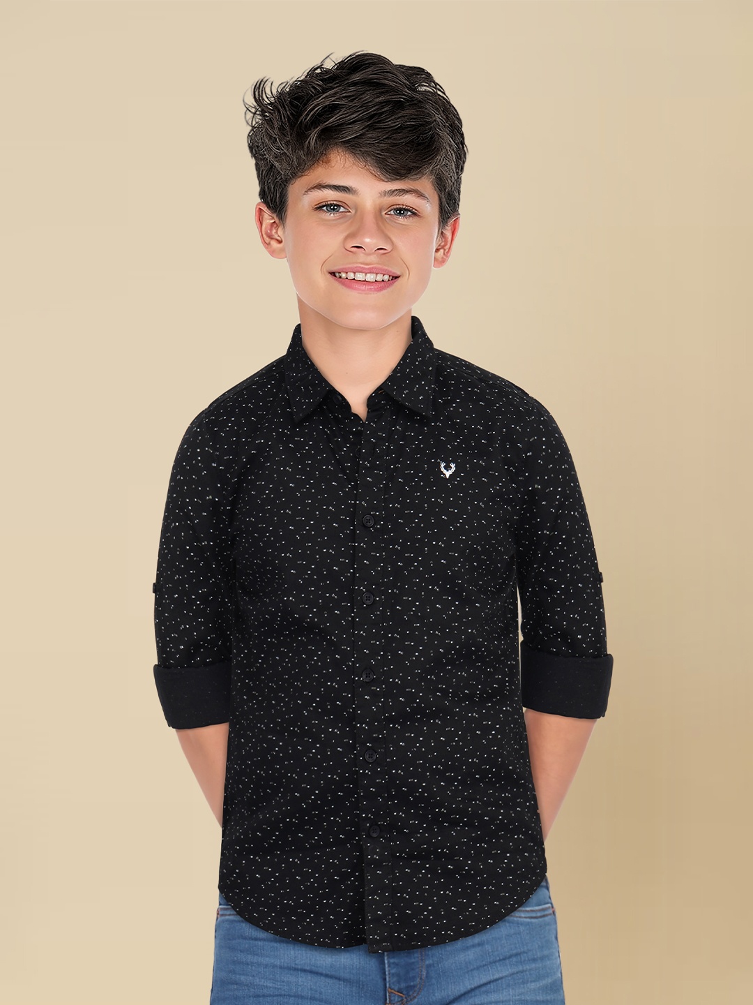 

Allen Solly Junior Boys Spread Collar Micro Ditsy Printed Cotton Slim Fit Casual Shirt, Black